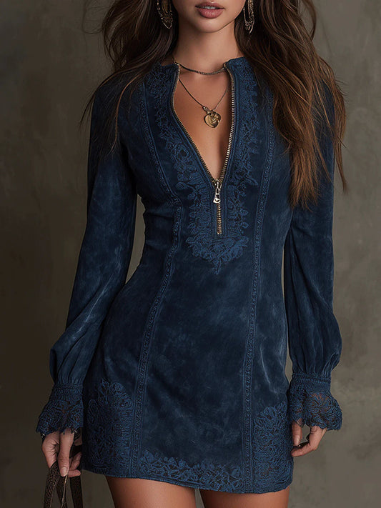Eudora Vintage Blue Suede Lace Trim Mini Dress