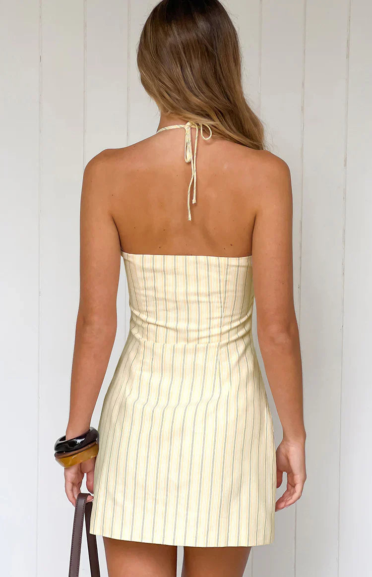 Yellow Stripe Halter Mini Dress