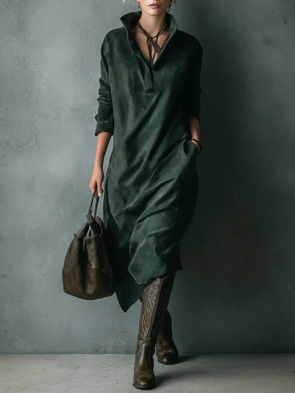 Isna Green Loose Suede Lapel Long Sleeve Midi Dress