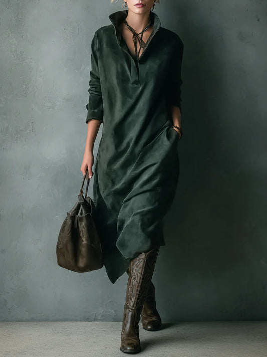Isna Green Loose Suede Lapel Long Sleeve Midi Dress