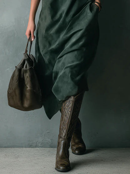 Isna Green Loose Suede Lapel Long Sleeve Midi Dress