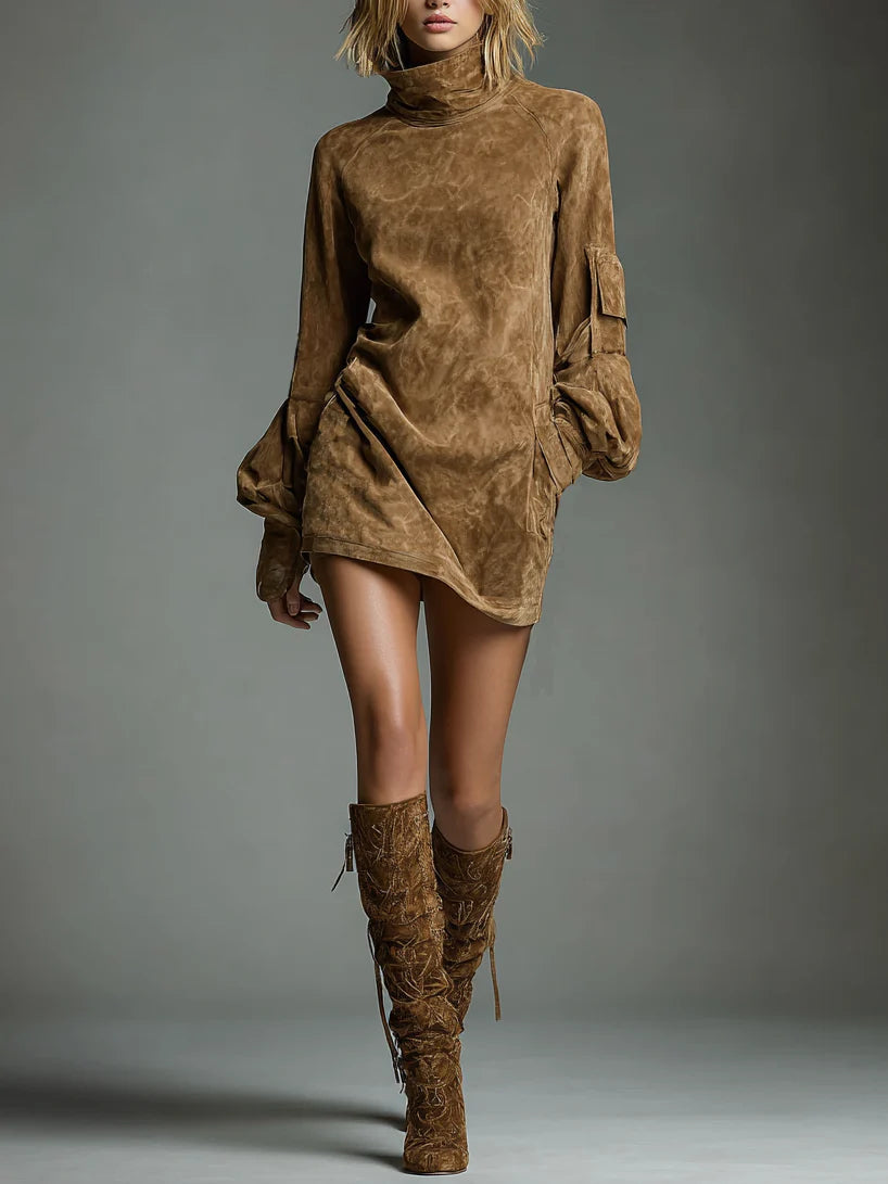 Lilly | Suede Turtleneck Mini Dress with Vintage Charm