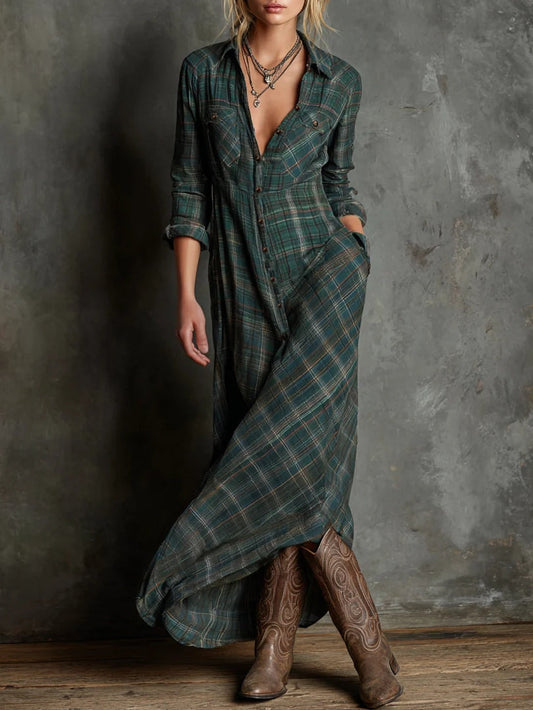 Sofia | Long Dress with Green Checked Lapel