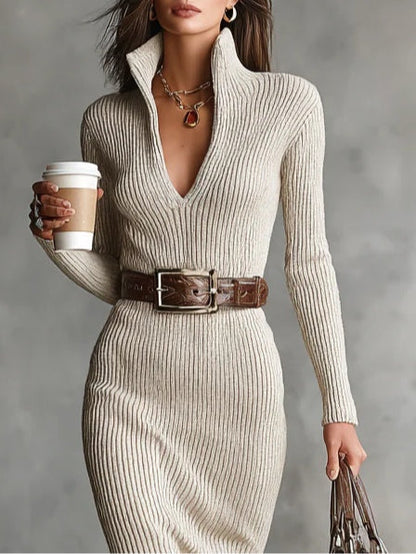 Delphino Slim Fit Half Turtleneck V-Neck Long Sleeve Knitted Belted Midi Dress
