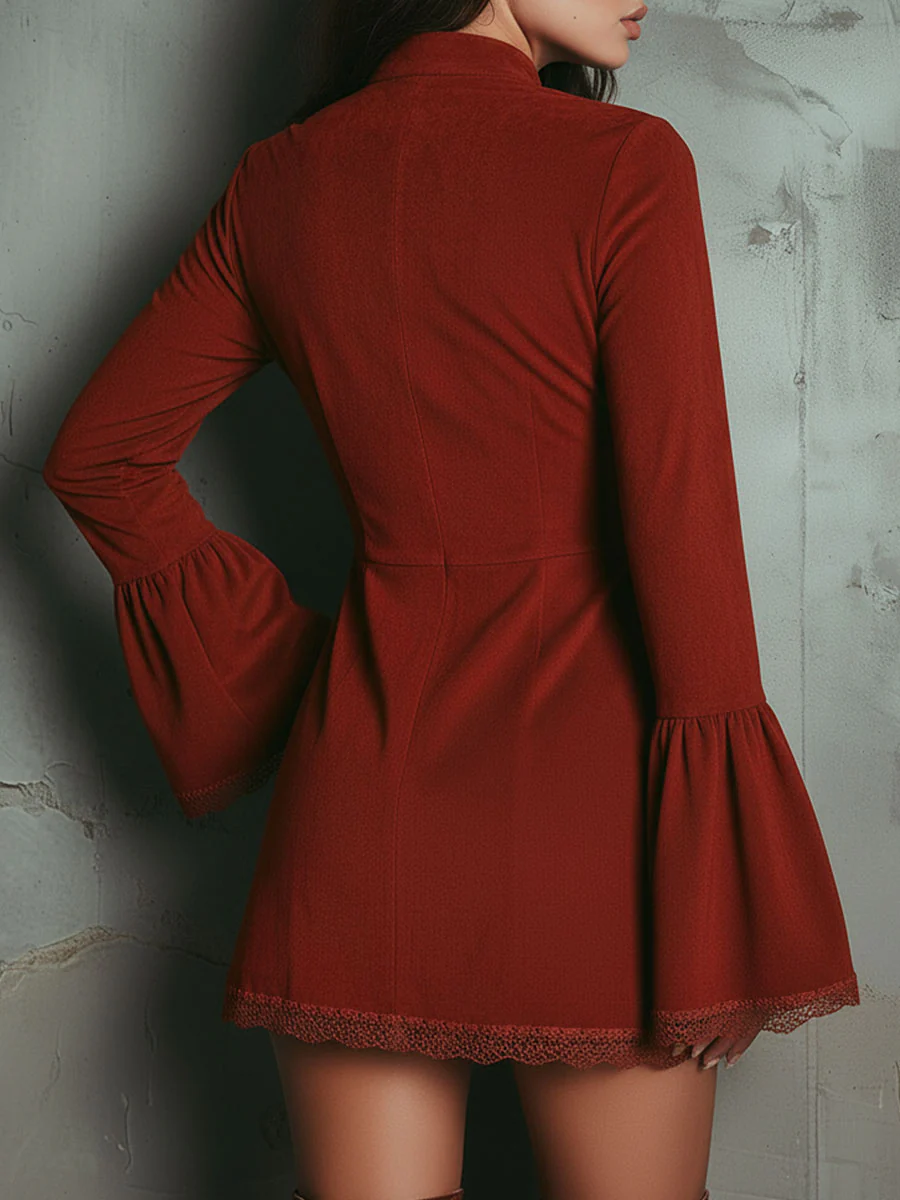 Aurolia Vintage Rust Red Bell Sleeve Embroidered Faux Suede Lace Mini Kensley Stitch Aurolia Vintage Rust Red Bell Sleeve Embroidered Faux Suede Lace Mini Kensley Stitch