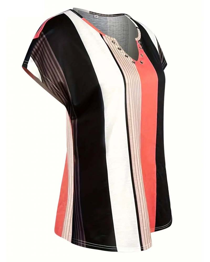 Blouse Vertical Striped Pendant Short Sleeves