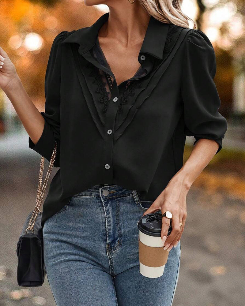 Blouse Puff Sleeve Lace Patchwork