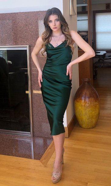 Emerald Green Satin Slip Midi Dress