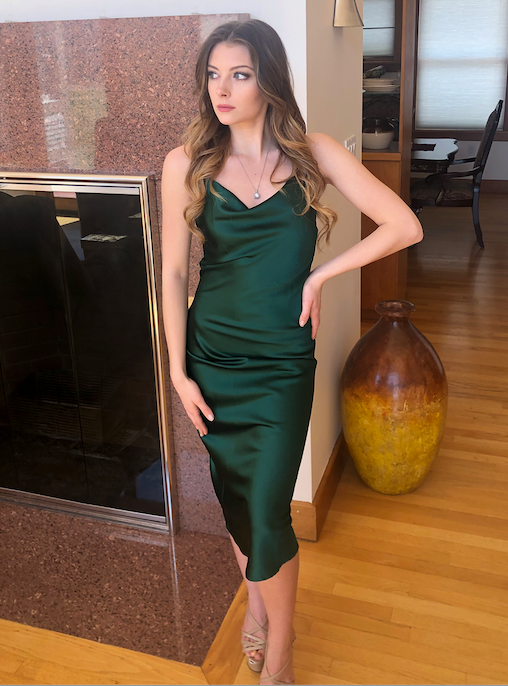 Emerald Green Satin Slip Midi Dress