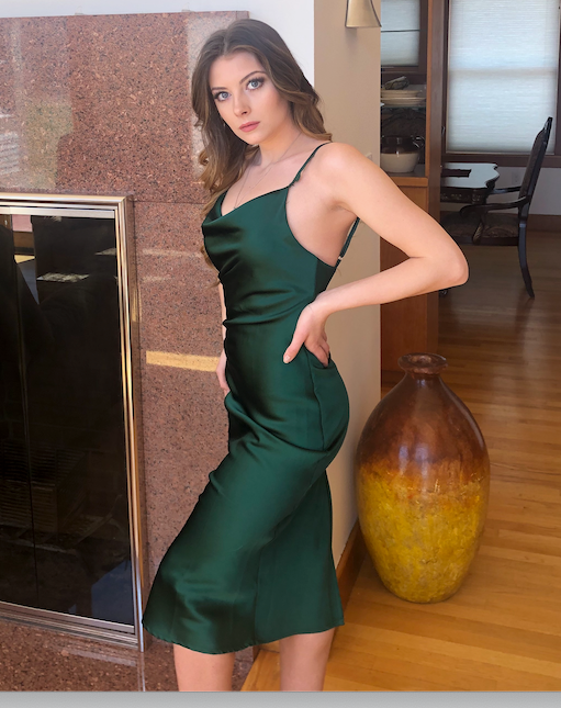 Emerald Green Satin Slip Midi Dress