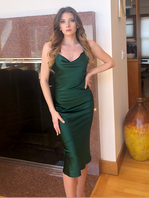 Emerald Green Satin Slip Midi Dress