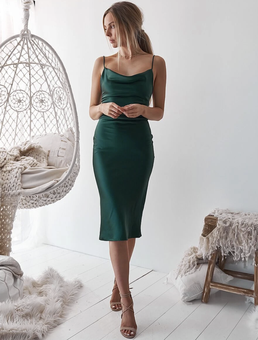 Emerald Green Satin Slip Midi Dress