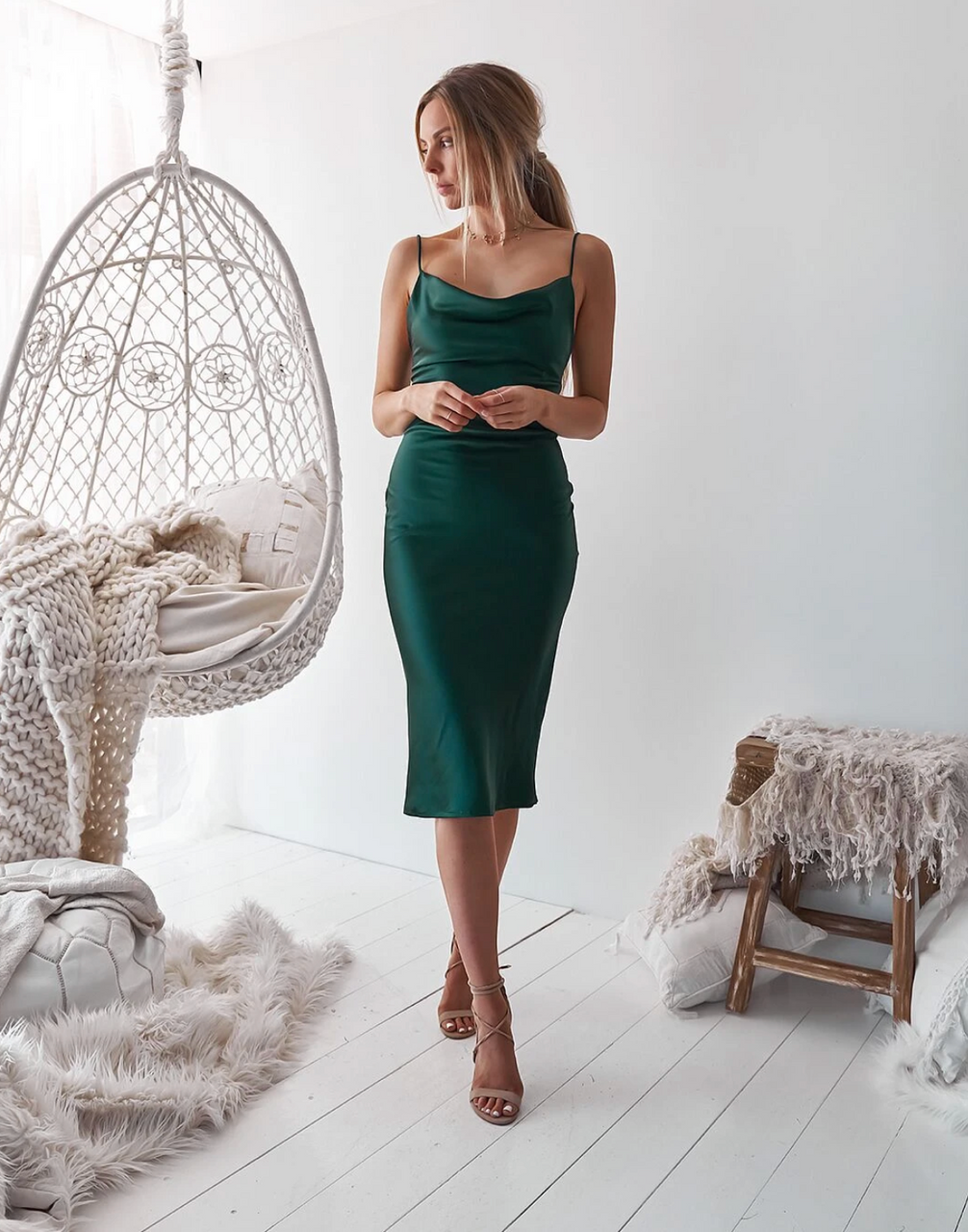 Emerald Green Satin Slip Midi Dress