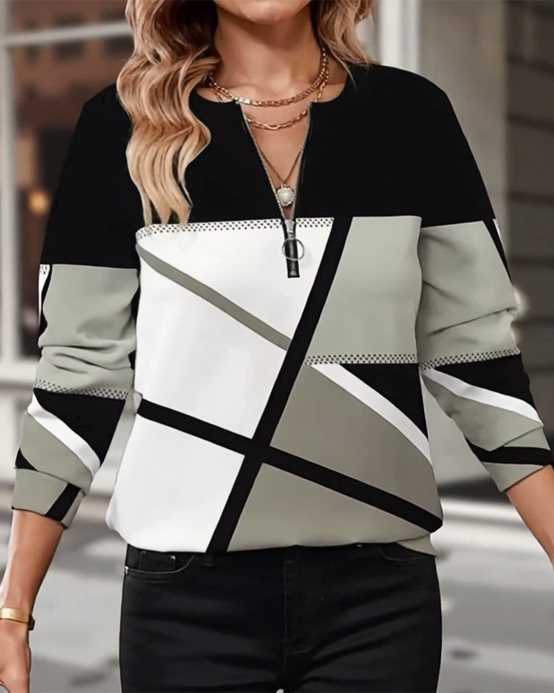 Zipper T-shirt with Geometric Pattern