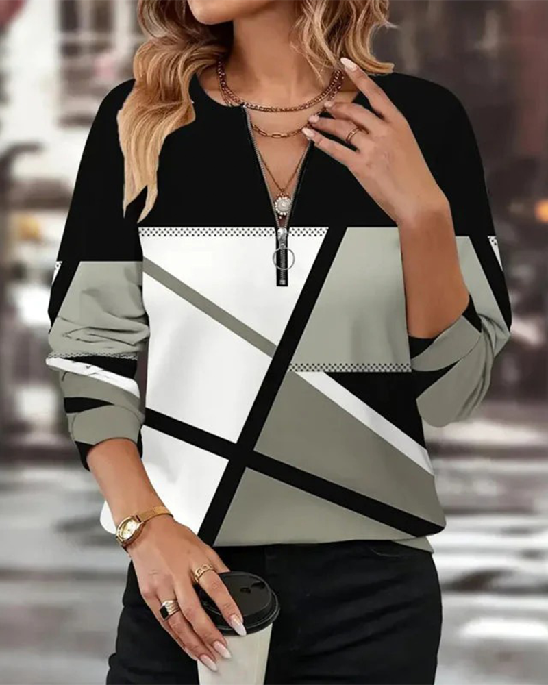 Zipper T-shirt with Geometric Pattern