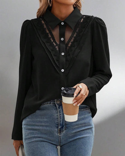 Blouse Puff Sleeve Lace Patchwork