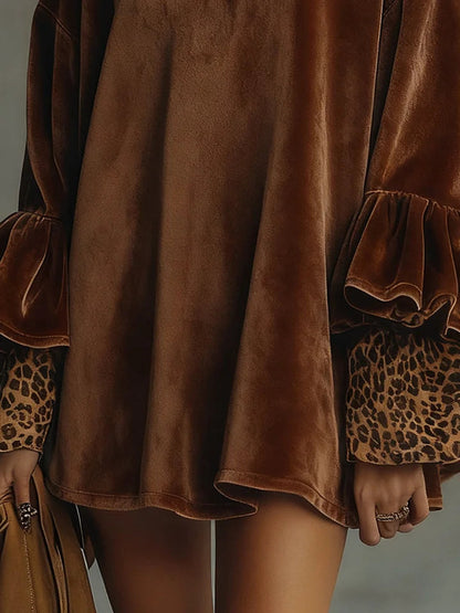 Ofelia Velvet Leopard Cuff Flounce Sleeve Mini Dress