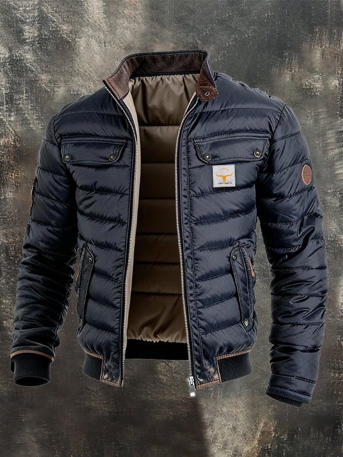 Men's Retro Leather Quilted Patchwork Warm Zipper Outdoor Jacket