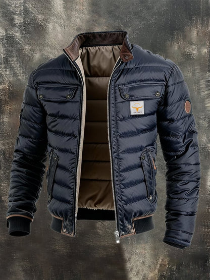 Men's Retro Leather Quilted Patchwork Warm Zipper Outdoor Jacket