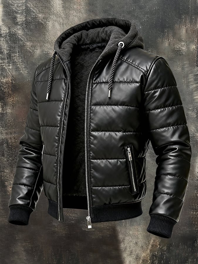 Men's Retro Warm Outdoor Leather Jacket with Hood made of Soft Leather