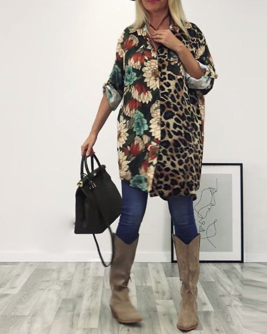 Revers collar shirt with patchwork and leopard print