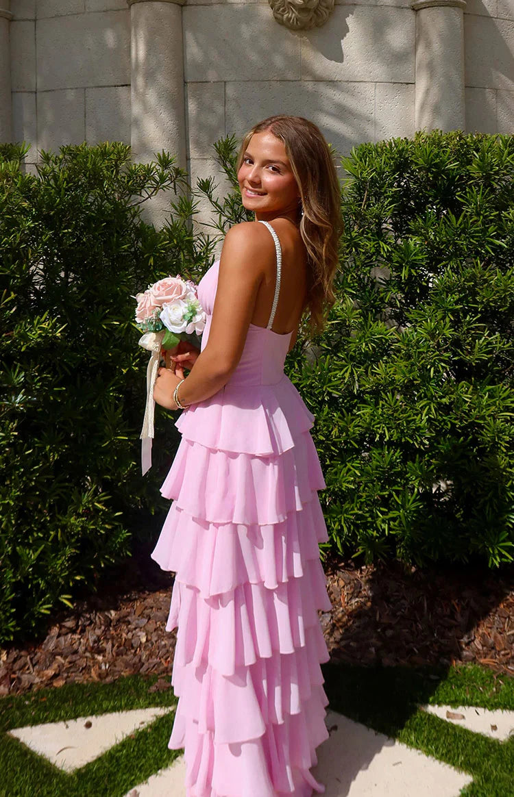 Pink Pearl Strap Ruffle Maxi Dress
