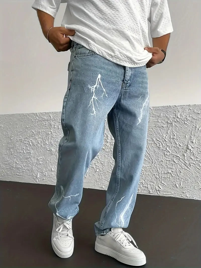 Lightning Print Relaxed-Fit Jeans - Blue