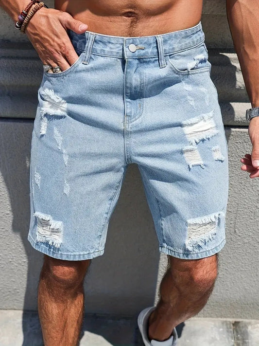 Distressed Denim Shorts - Light Blue