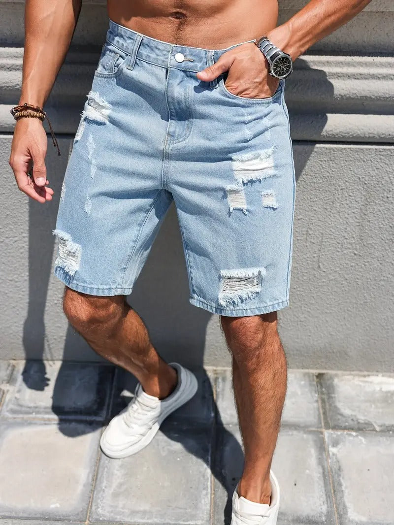 Distressed Denim Shorts - Washed Blue