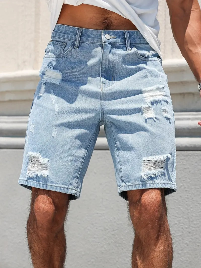 Distressed Denim Shorts - Washed Blue
