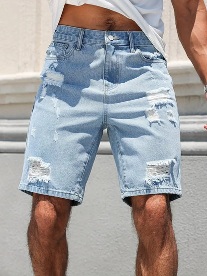 Distressed Denim Shorts - Washed Blue