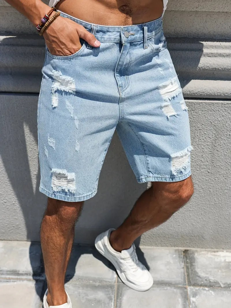 Distressed Denim Shorts - Light Blue