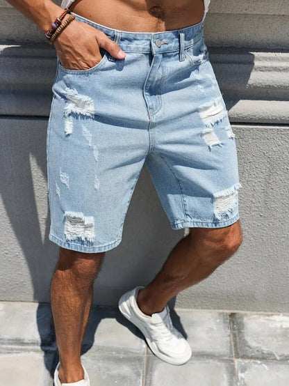 Distressed Denim Shorts - Light Blue
