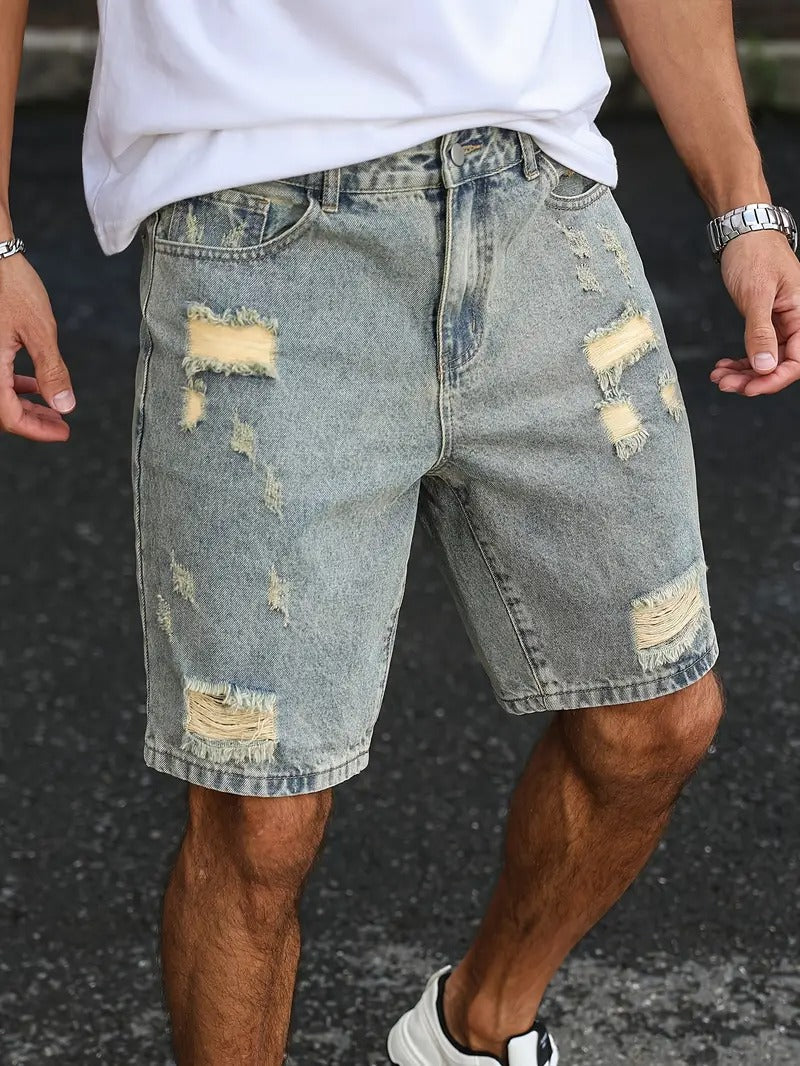 Distressed Denim Shorts - Light Blue