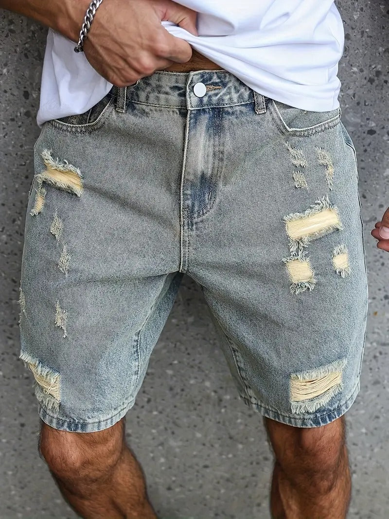 Distressed Denim Shorts - Light Blue