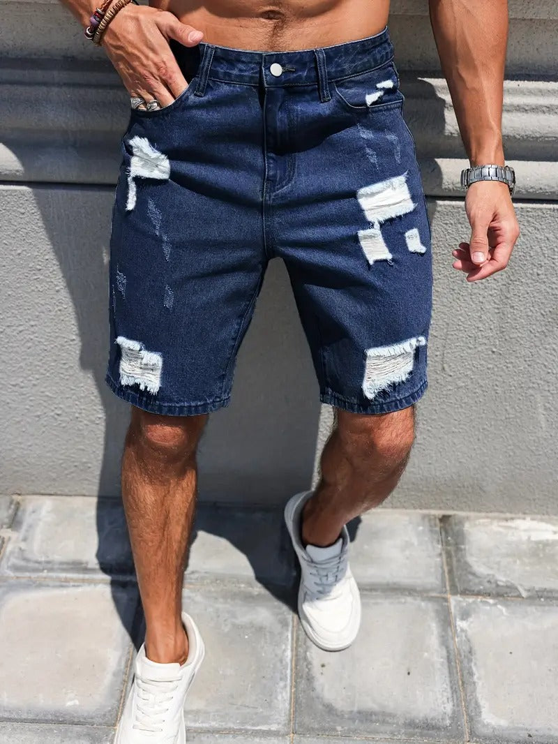 Distressed Denim Shorts - Dark Blue