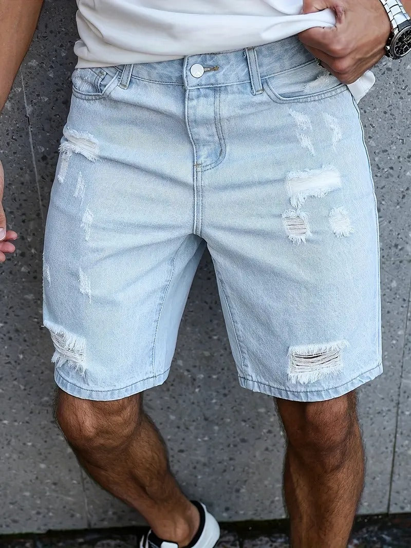 Distressed Denim Shorts - Washed Blue