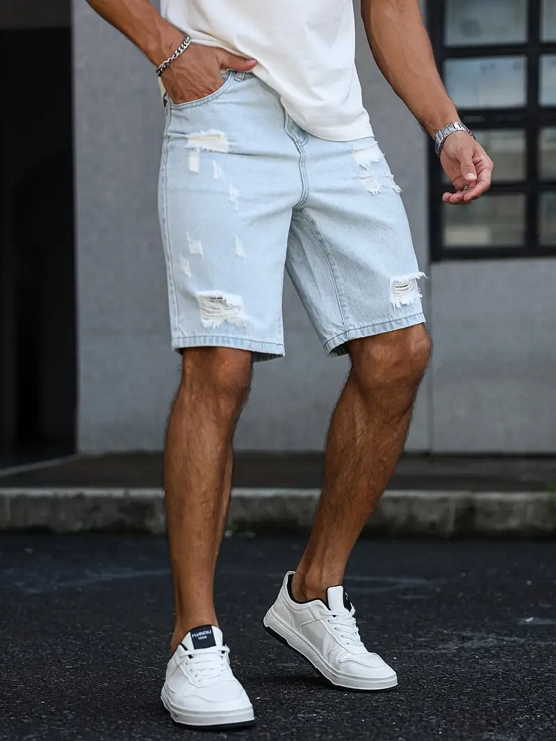 Distressed Denim Shorts - Light Blue