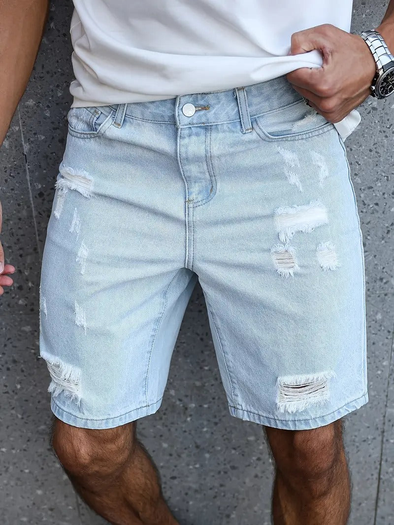 Distressed Denim Shorts - Light Blue
