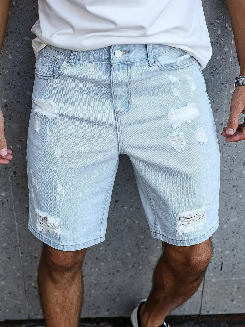 Distressed Denim Shorts - Light Blue