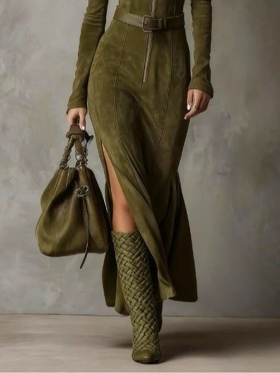 Vintage Green Maxi Dress with Zipper and Belt