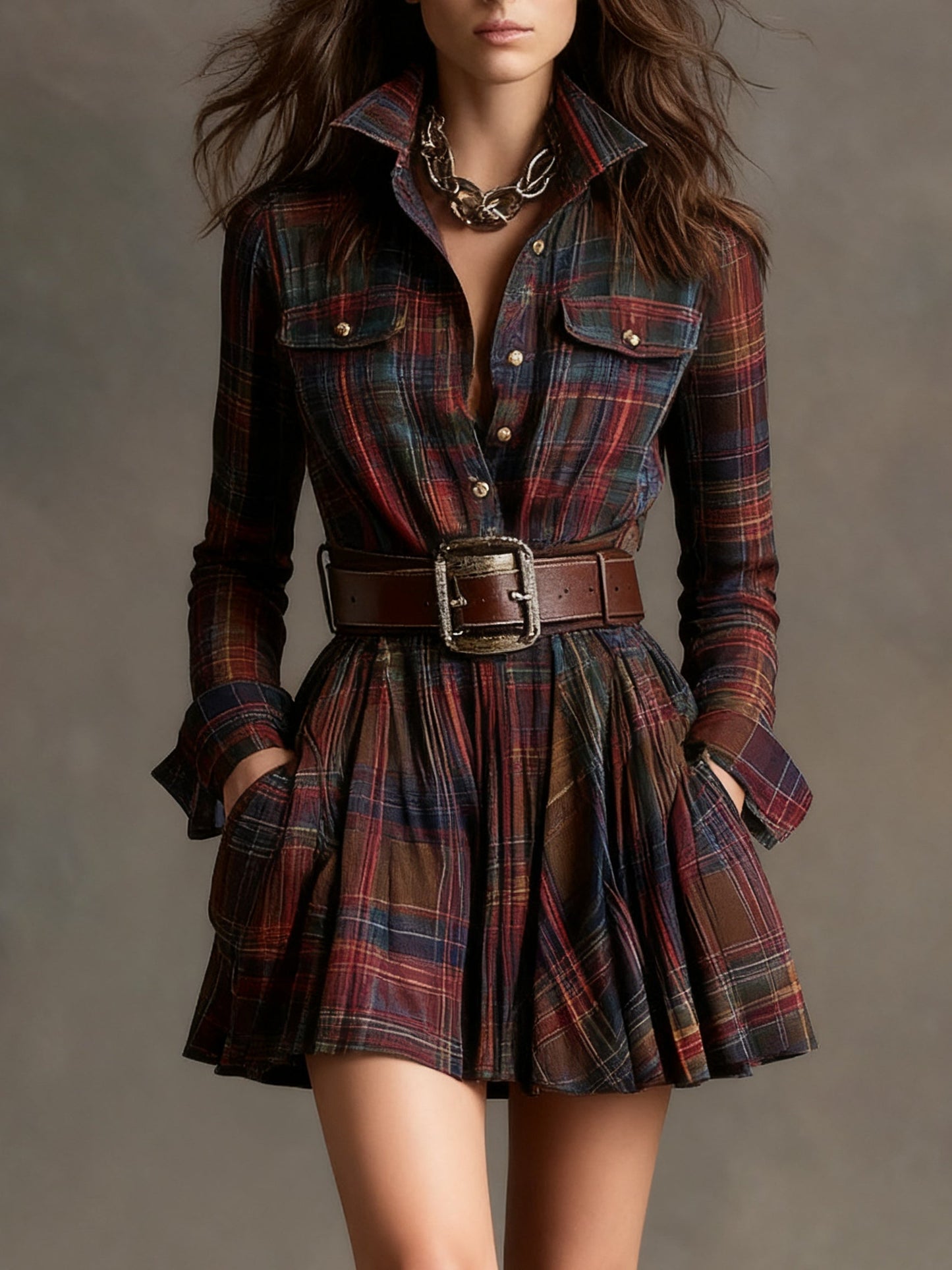 Zinnia Vintage Lapel Red and Brown Plaid Mini Dress (Includes belt)