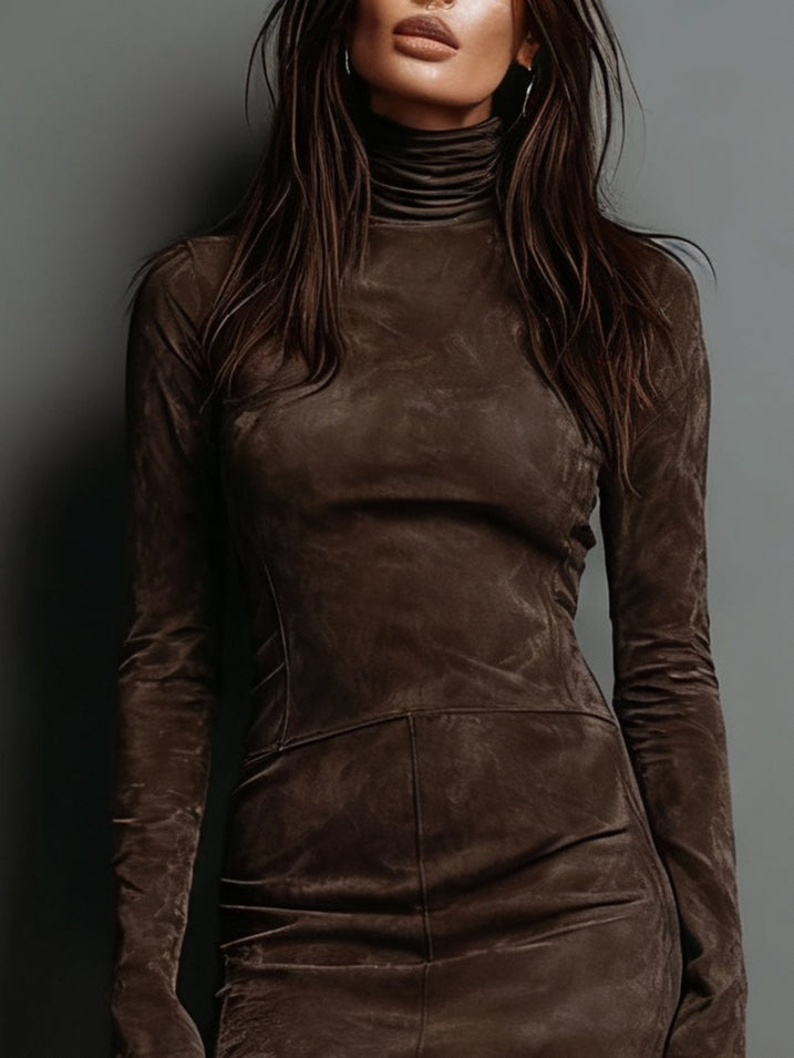 Vespor Vintage Turtleneck Suede Mini Dress