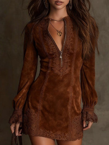 Eudora Vintage Blue Suede Lace Trim Mini Dress