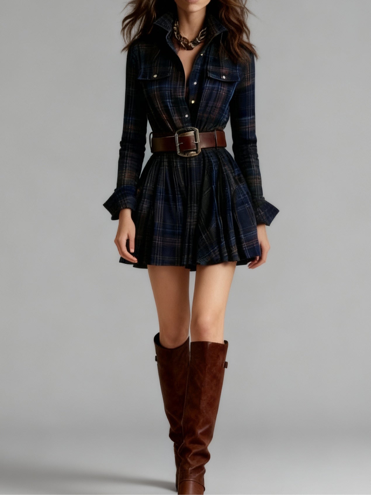 Zinnia Vintage Lapel Red and Brown Plaid Mini Dress (Includes belt)