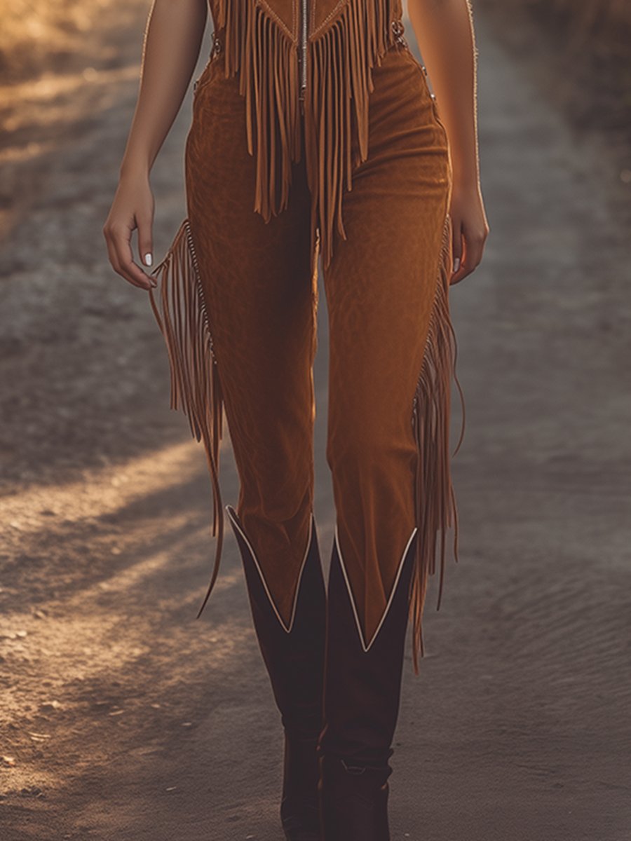 Western Fringe Suede Jumpsuit