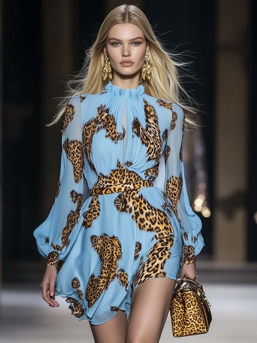 Leopard Print Chiffon Mini Dress