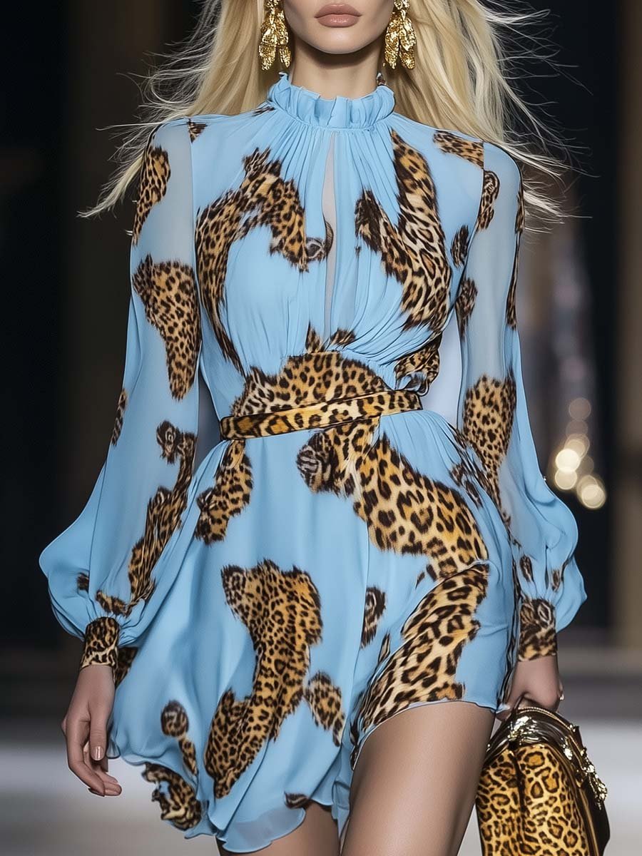 Leopard Print Chiffon Mini Dress
