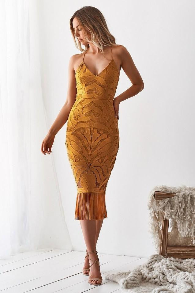 Mustard Yellow Lace Midi Dress