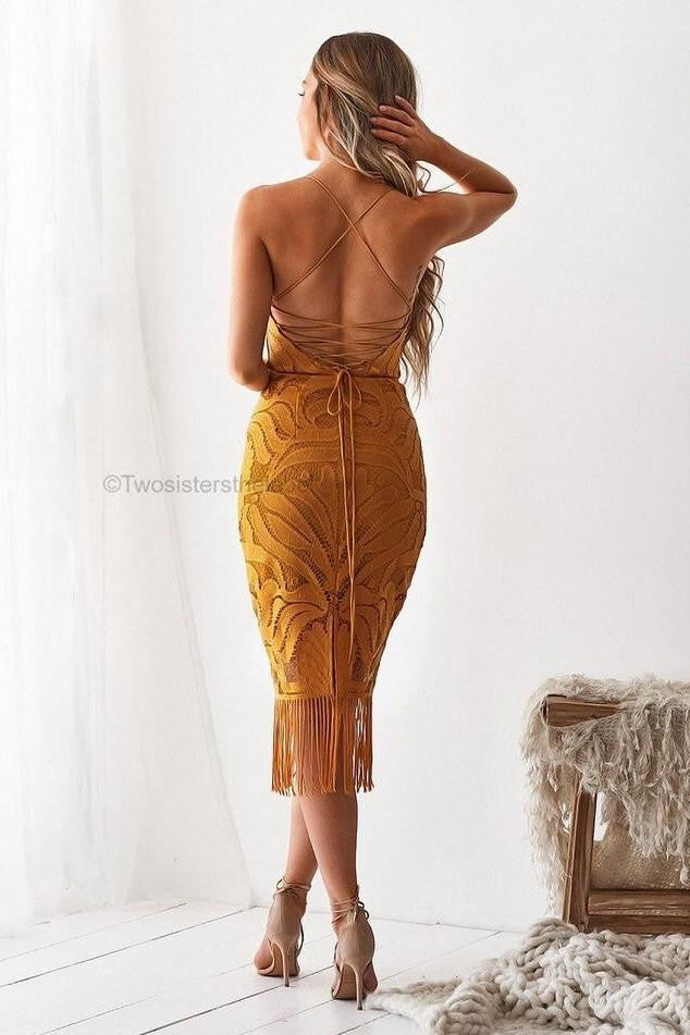 Mustard Yellow Lace Midi Dress